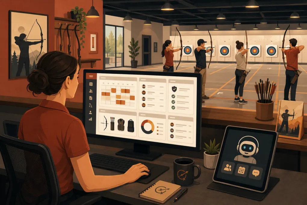 Operator comparing software for archery lane bookings, memberships, waivers, and rentals