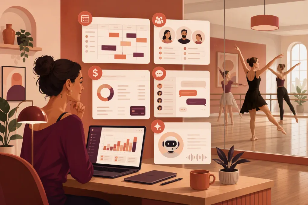 Dance studio owner comparing scheduling, billing, CRM, and AI receptionist platforms