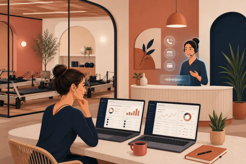 Pilates studio owner comparing booking software while an AI receptionist handles leads