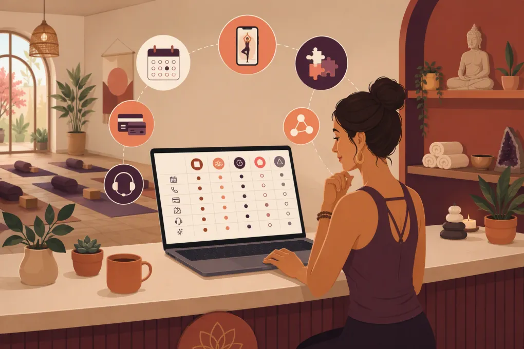 Yoga studio owner comparing booking, payment and member management platforms