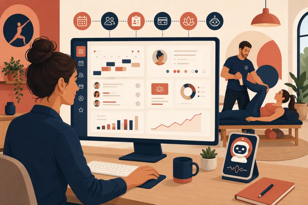 Assisted stretching studio using software for booking, client management, payments, and follow-up