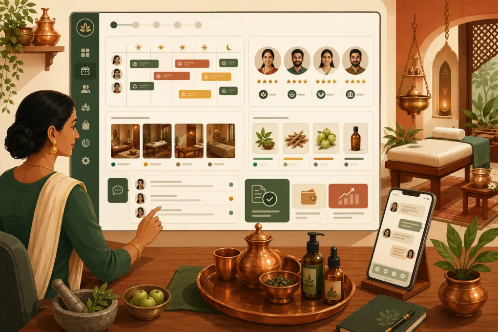 Ayurvedic spa operator managing treatments, practitioners, inventory, bookings, and client messages