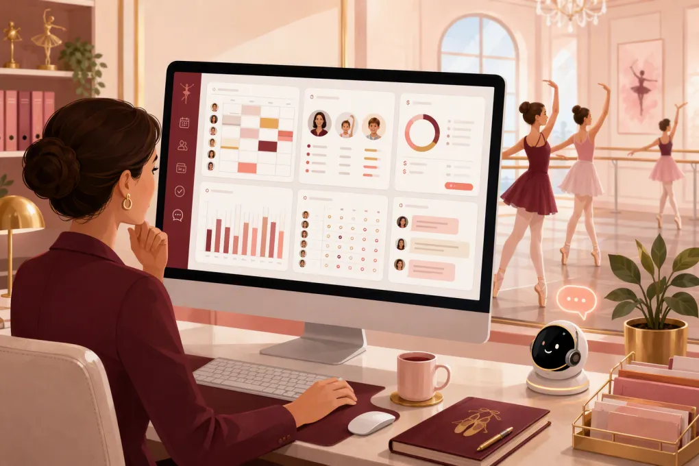 Ballet school administrator comparing enrollment, billing, scheduling, and communication software