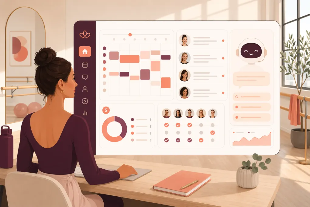 Barre studio owner managing bookings, messages, and payments from one software platform