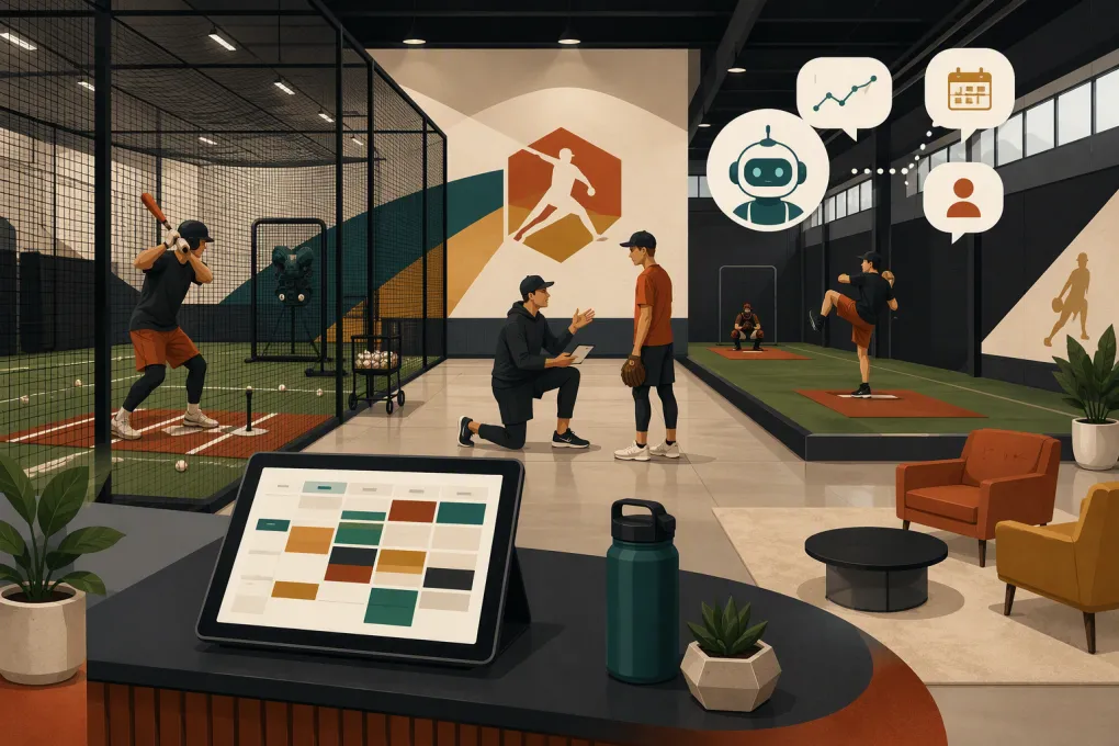 Baseball training facility with batting cages, coaching, digital scheduling, and an AI front desk