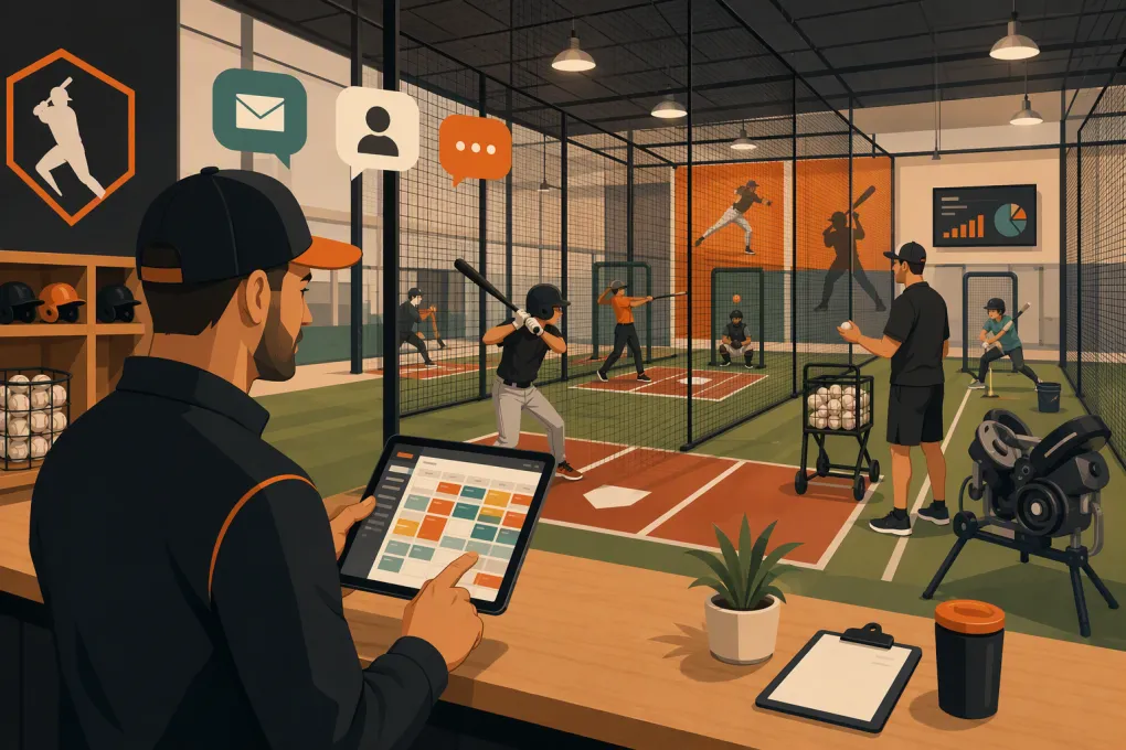 Batting cage operator reviewing facility bookings and training schedules on a tablet