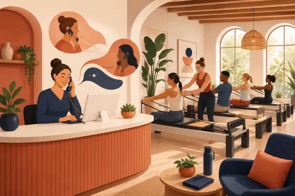 AI receptionist handling bilingual calls while an instructor leads a Pilates reformer class