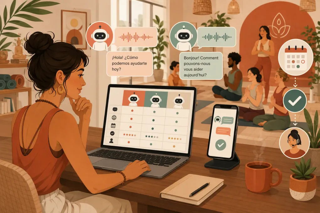Yoga studio owner evaluating a bilingual AI receptionist for bookings and member calls