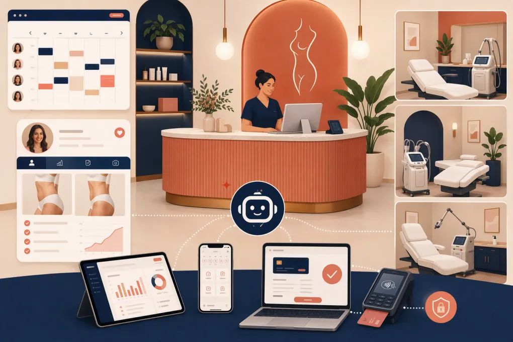 Body contouring clinic team managing bookings, clients, treatments, and payments through one platform