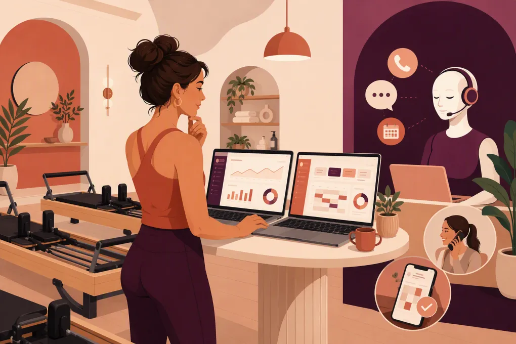 Pilates studio owner comparing booking software beside reformer equipment
