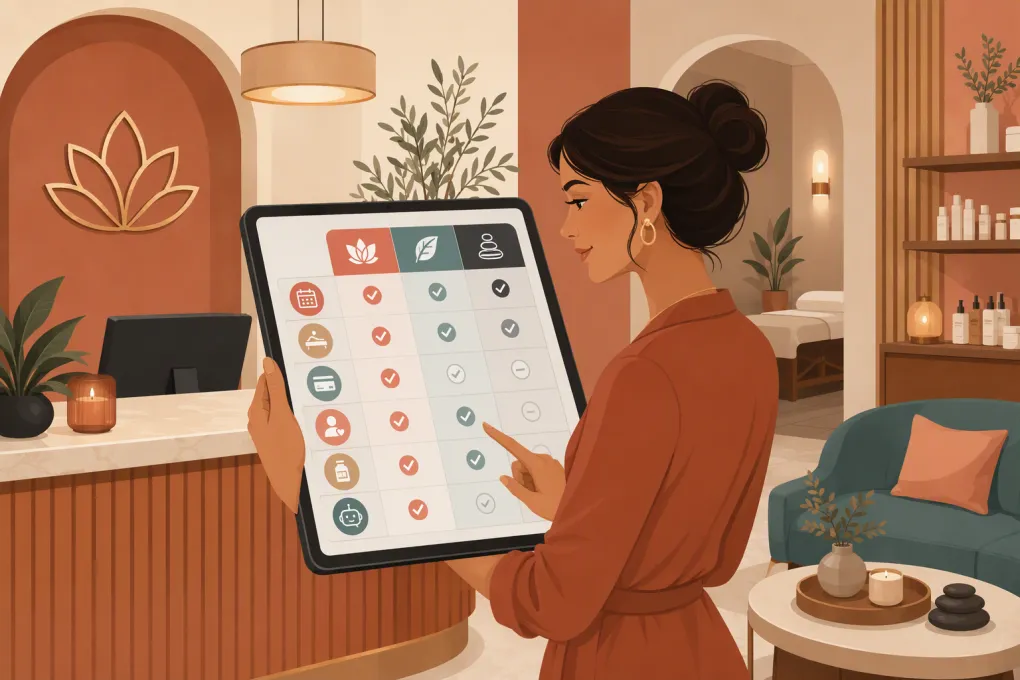 Day spa owner comparing booking, payments, inventory, and AI receptionist software