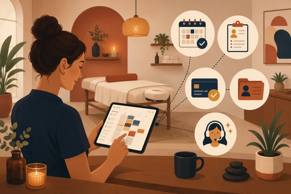 Massage studio operator comparing booking, payment, and client management software