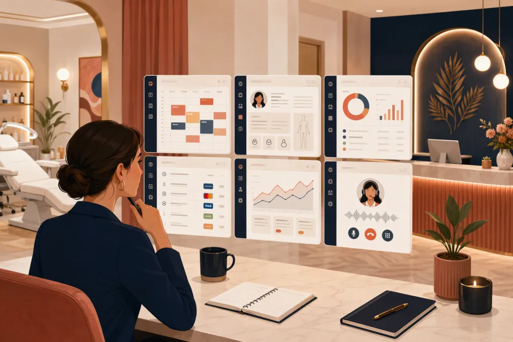 Med spa owner comparing booking, EMR and AI receptionist software