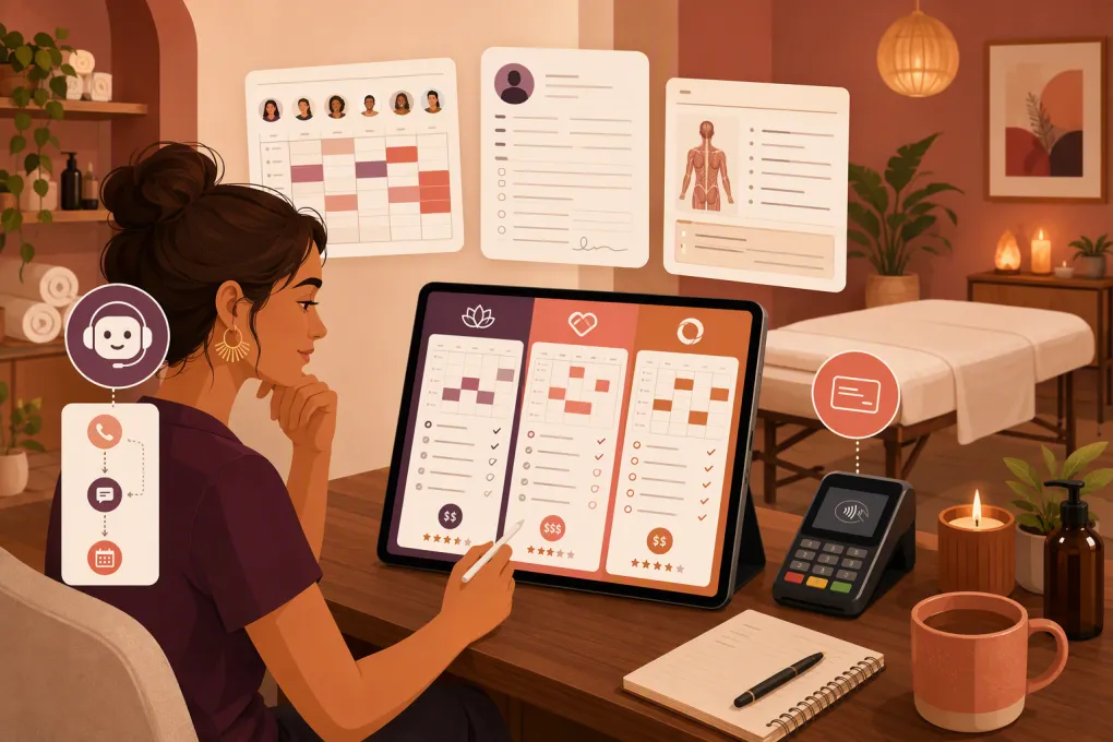 Massage therapist comparing booking, intake, payment, and AI receptionist software