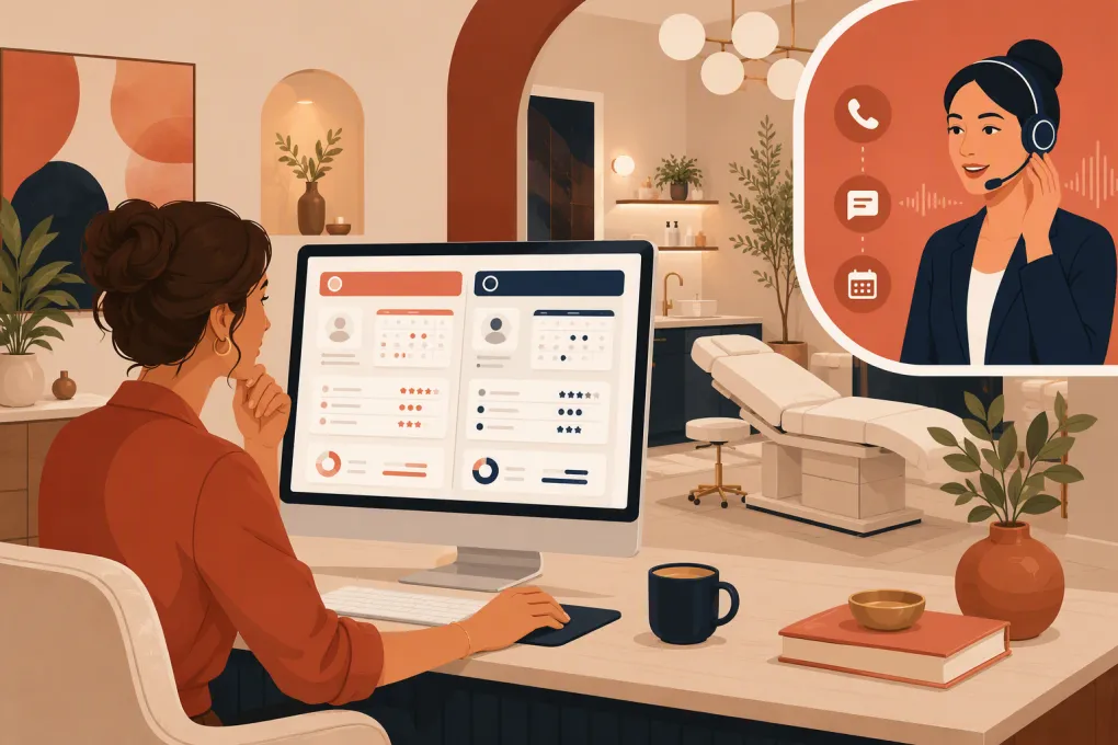 Med spa owner comparing booking platforms while an AI receptionist handles appointment requests