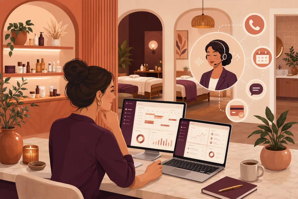 Day spa owner comparing booking platforms while an AI receptionist handles inquiries