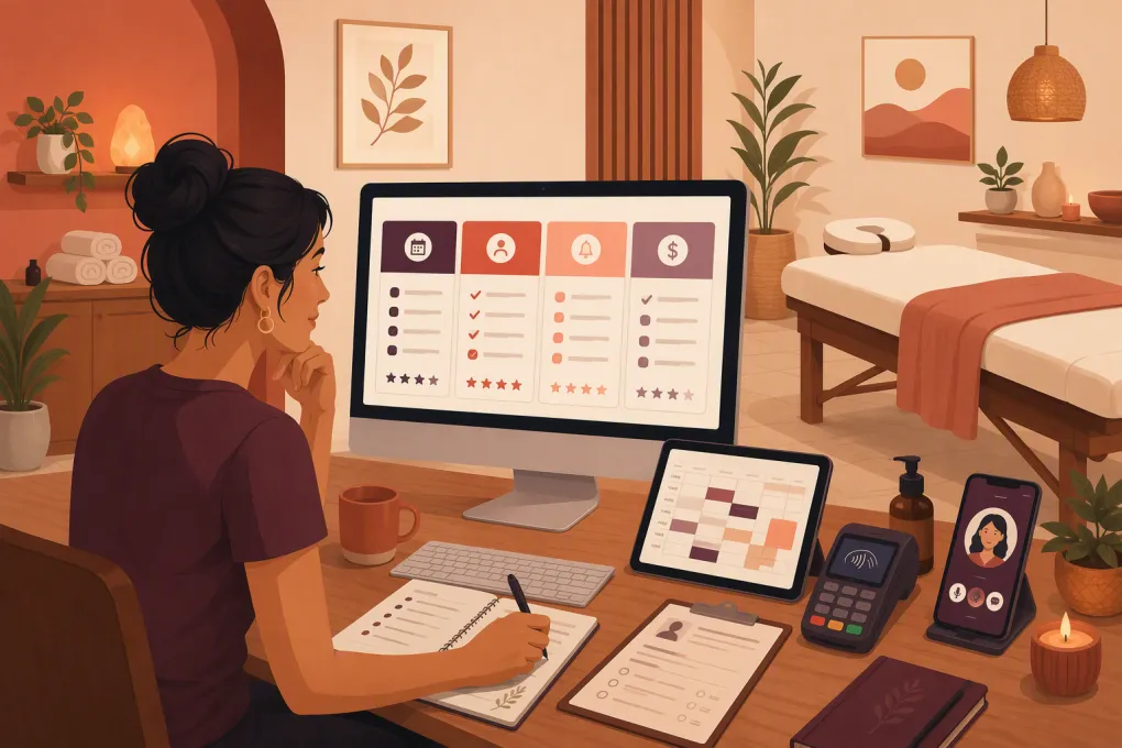 Massage therapist comparing booking and practice management software in a wellness studio