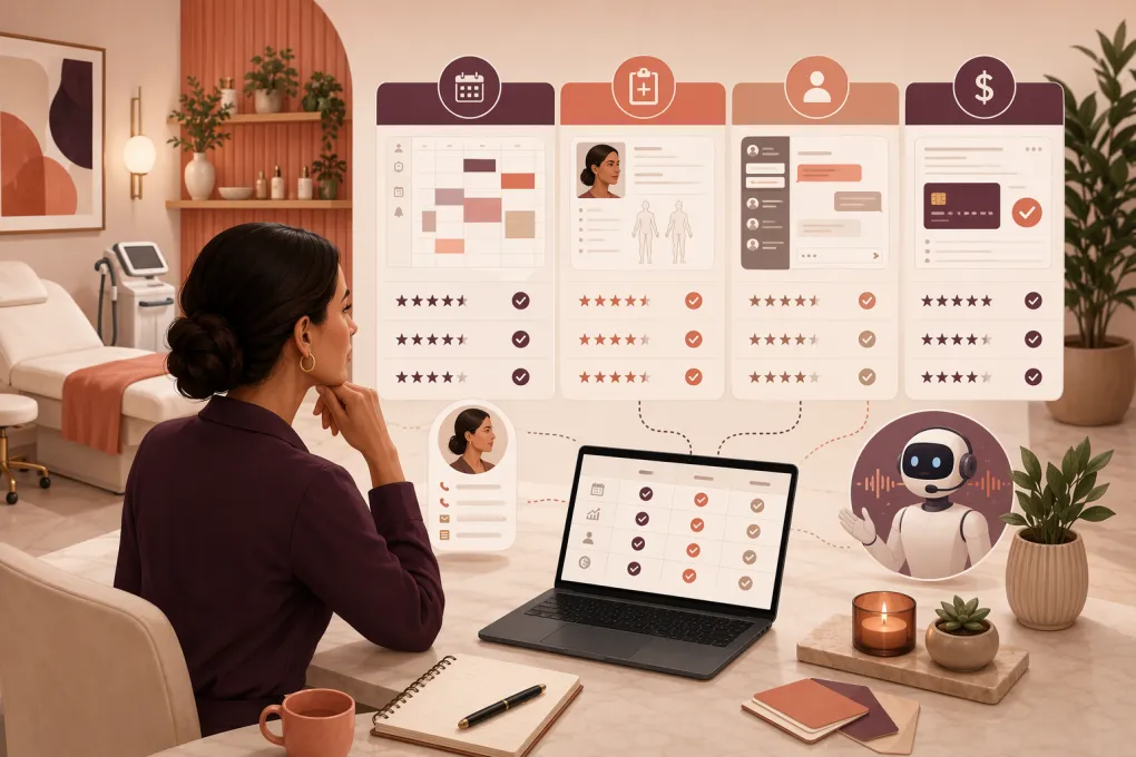 Med spa owner comparing scheduling, clinical records, CRM and AI receptionist platforms