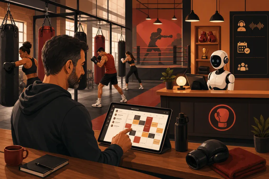 Boxing gym owner managing bookings while athletes train and an AI receptionist handles calls