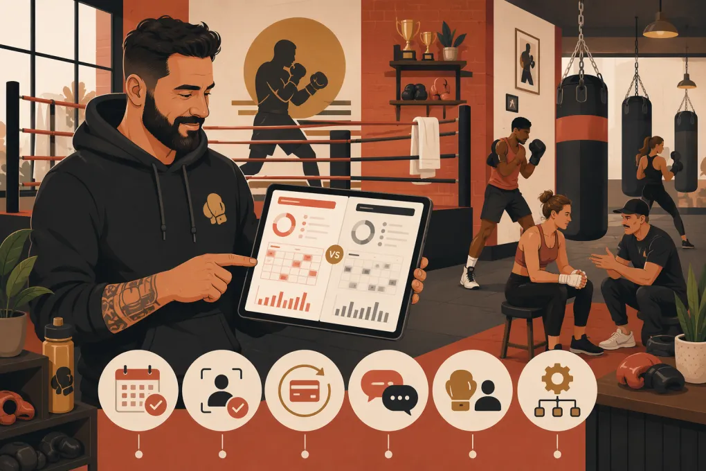 Boxing gym owner comparing scheduling, billing, CRM, and member management software