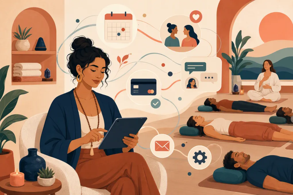 Breathwork facilitator managing bookings, payments, and client messages from a tablet