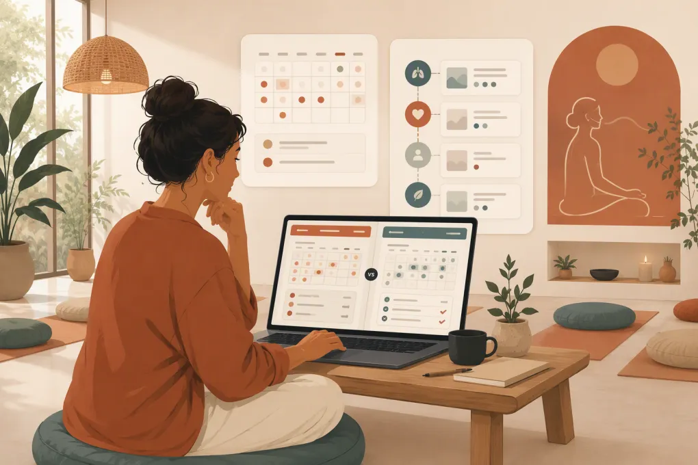 Breathwork studio operator comparing scheduling and client management software