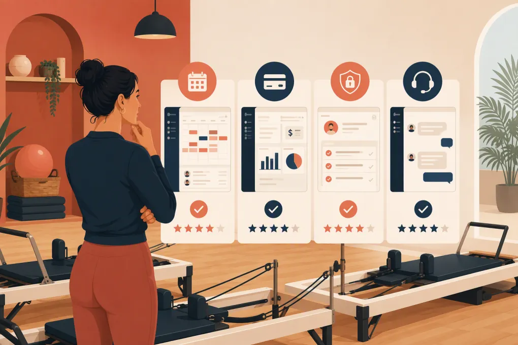 Pilates studio owner comparing booking, payments, privacy and automation software