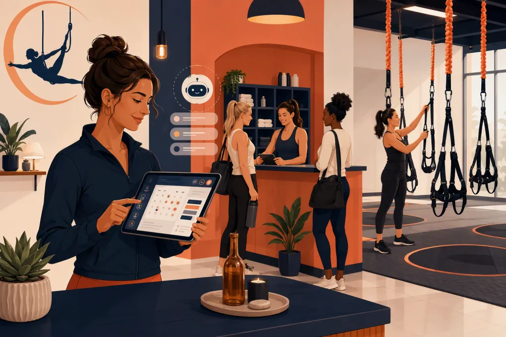 Bungee fitness studio owner managing bookings while clients prepare for class