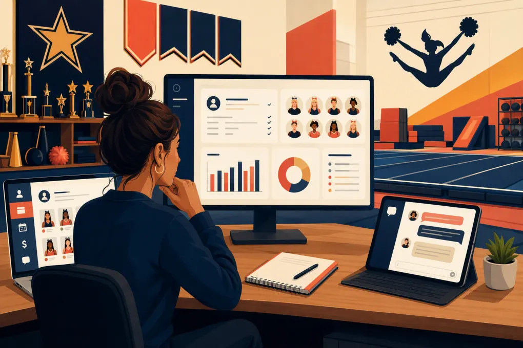 Cheer gym operator comparing enrollment, billing, roster and communication software