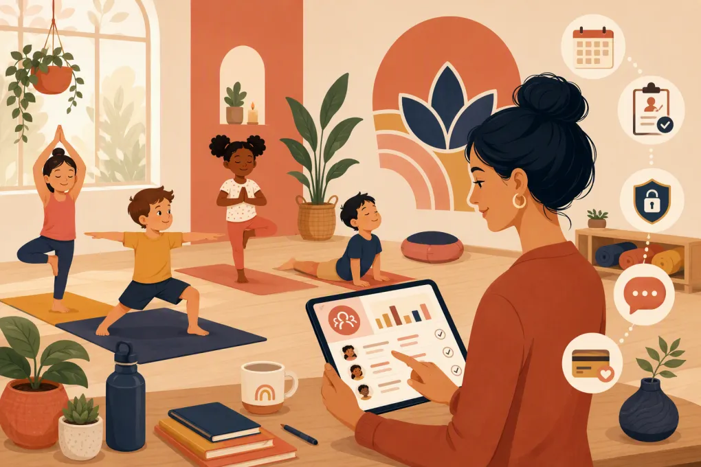 Operator reviewing secure family enrollment and scheduling for a children's yoga studio