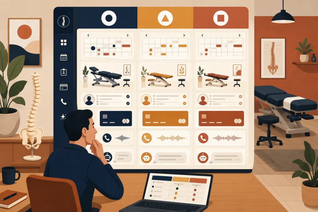 Clinic operator comparing chiropractic scheduling, EHR, payment, and communication tools