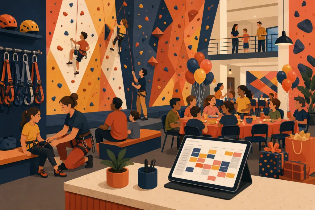 Climbing gym birthday party with harnesses, staff, climbing walls and a digital booking calendar
