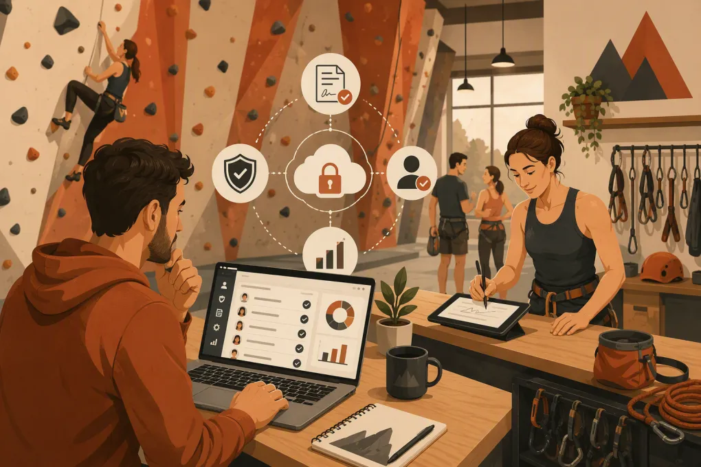 Climbing gym operator comparing digital waiver systems as a member signs on a tablet