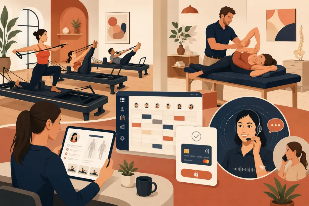 Clinical Pilates practice using software for charting, reformer scheduling, payments, and calls