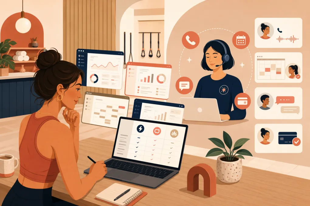 Boutique fitness owner comparing studio software while an AI receptionist manages bookings