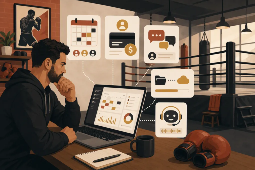 Boxing gym operator comparing booking, billing, CRM and AI receptionist software