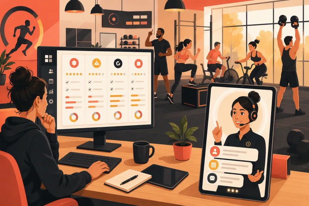 HIIT studio operator comparing management software while an AI receptionist handles bookings