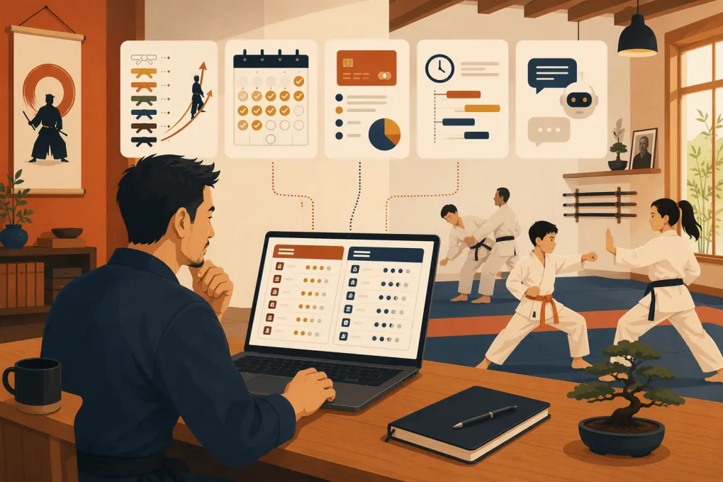 Martial arts school owner comparing software for ranks, attendance, billing, and lead follow-up