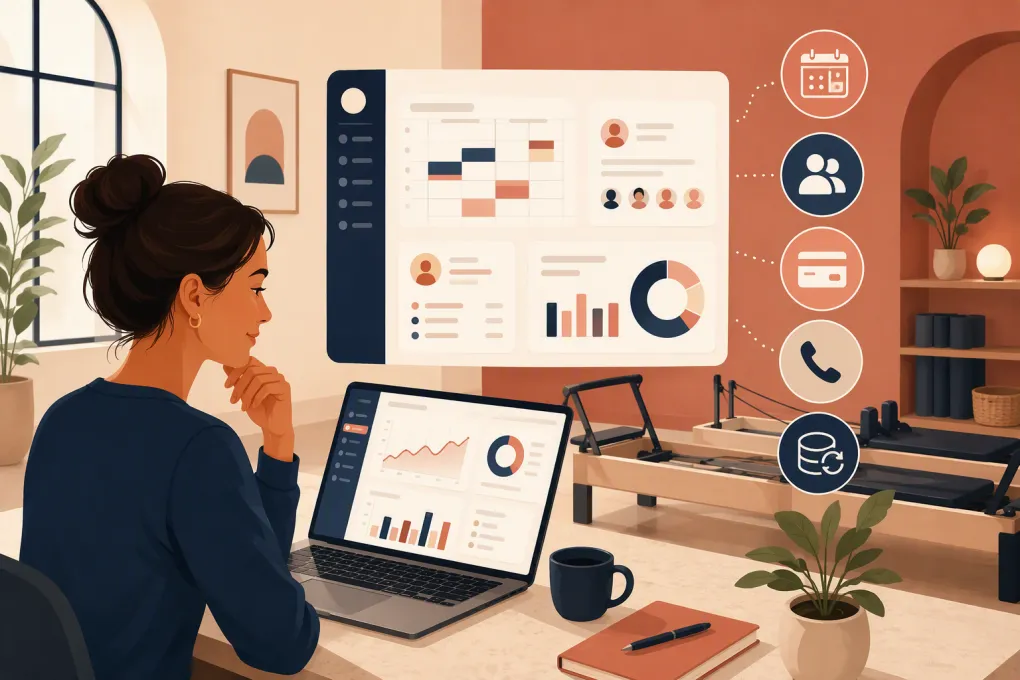Pilates operator comparing scheduling, billing and lead management software beside reformers