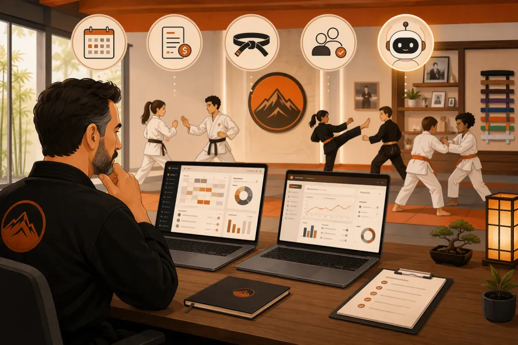 Martial arts school owner comparing management software while students train in a dojo
