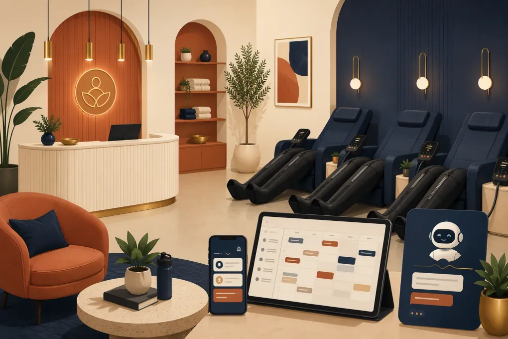 Compression therapy studio with booking tablet, recovery chairs, and AI receptionist interface