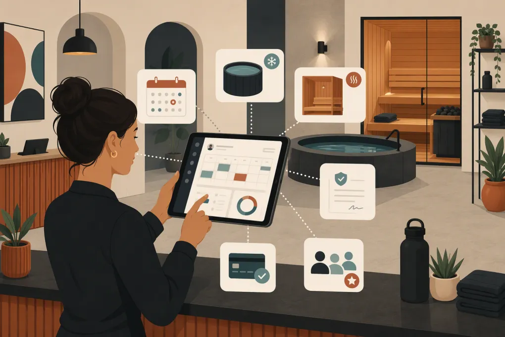 Operator managing sauna and cold plunge bookings, payments and waivers from a connected studio system