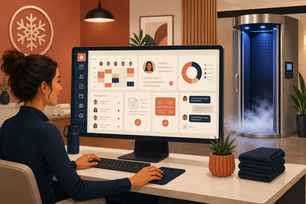 Operator managing cryotherapy appointments, memberships, waivers, and payments from one platform