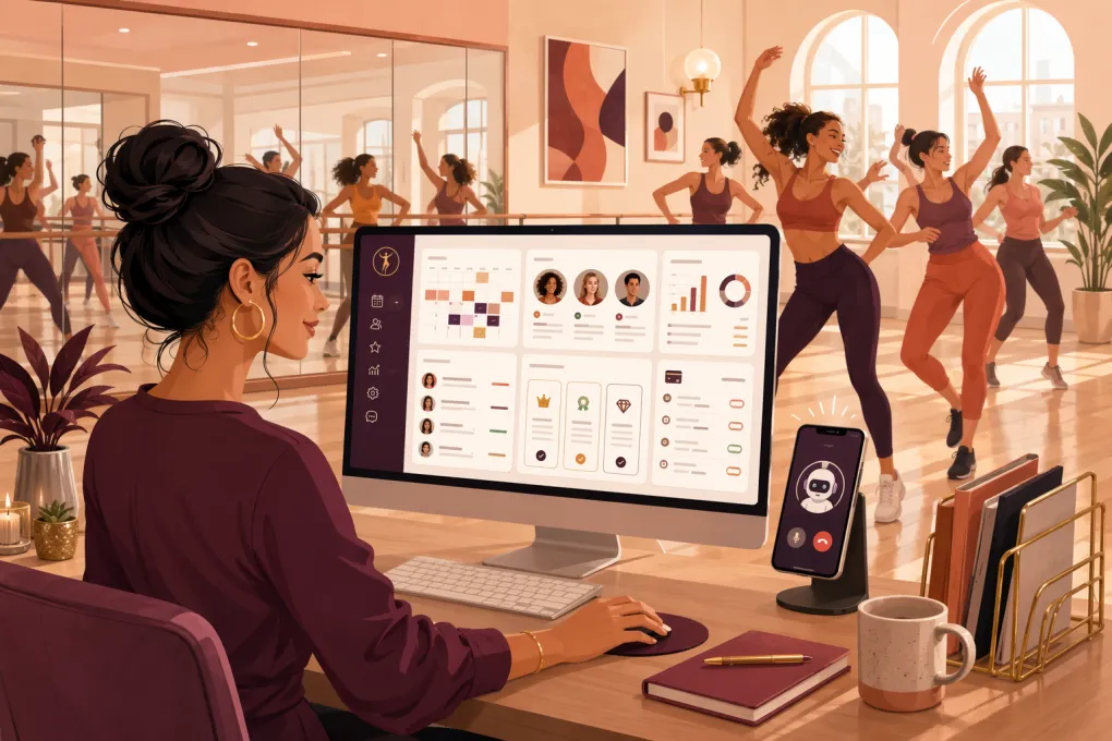Dance fitness studio owner managing bookings, payments, schedules, and calls from one platform