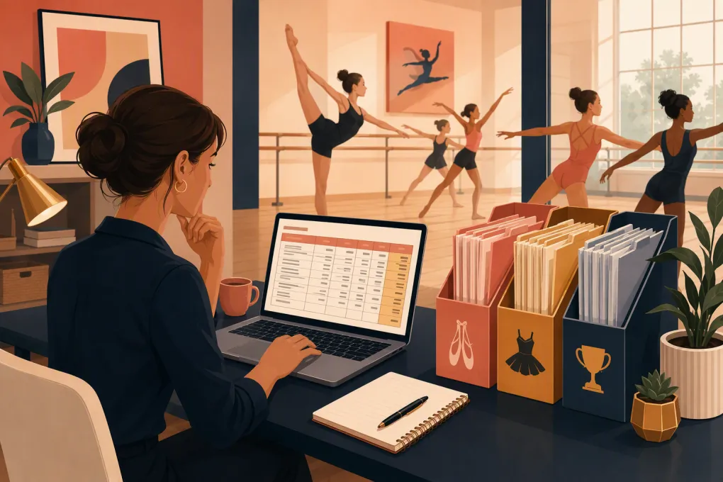 Dance studio operator reviewing itemized competition fees while dancers rehearse