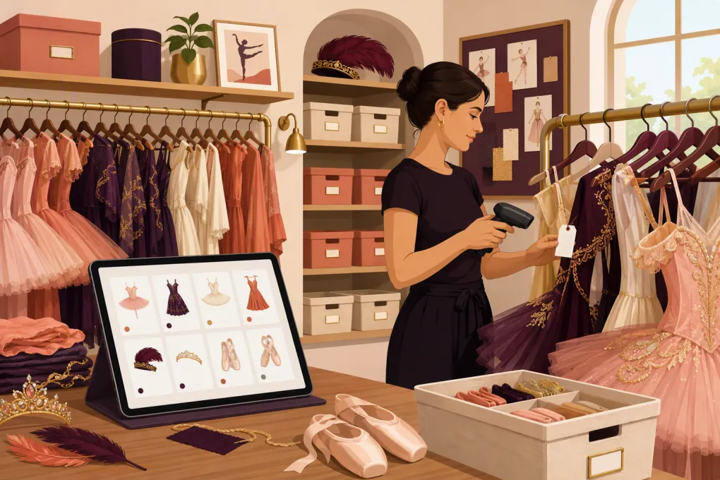 Dance studio manager scanning organized recital costumes into an inventory system