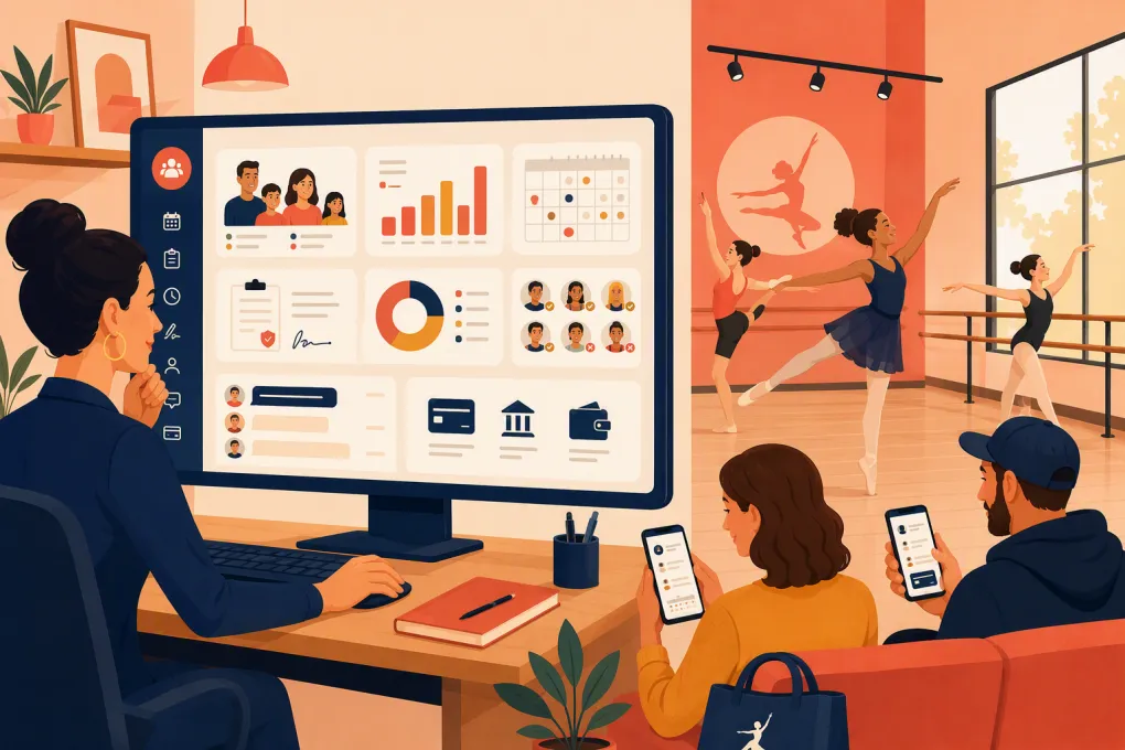 Studio owner comparing dance registration, billing, scheduling, and parent portal tools