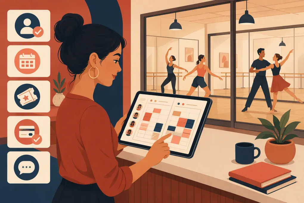 Dance studio operator comparing private lesson schedules, rooms, instructor availability, and payments