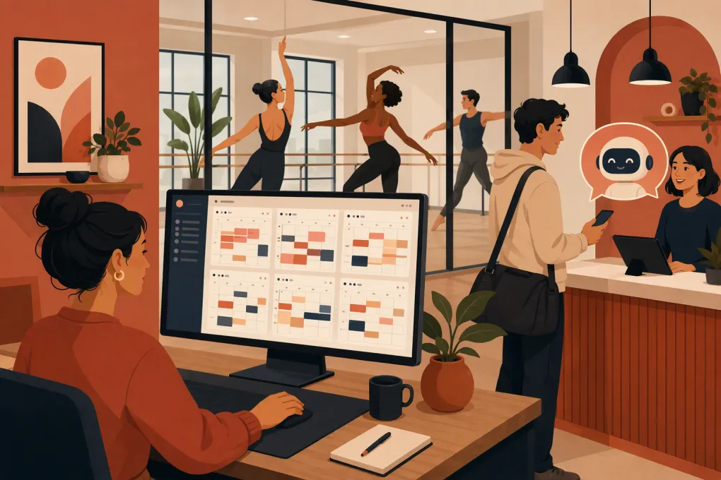 Operator managing dance studio room calendars, rental inquiries, payments, and access from one dashboard