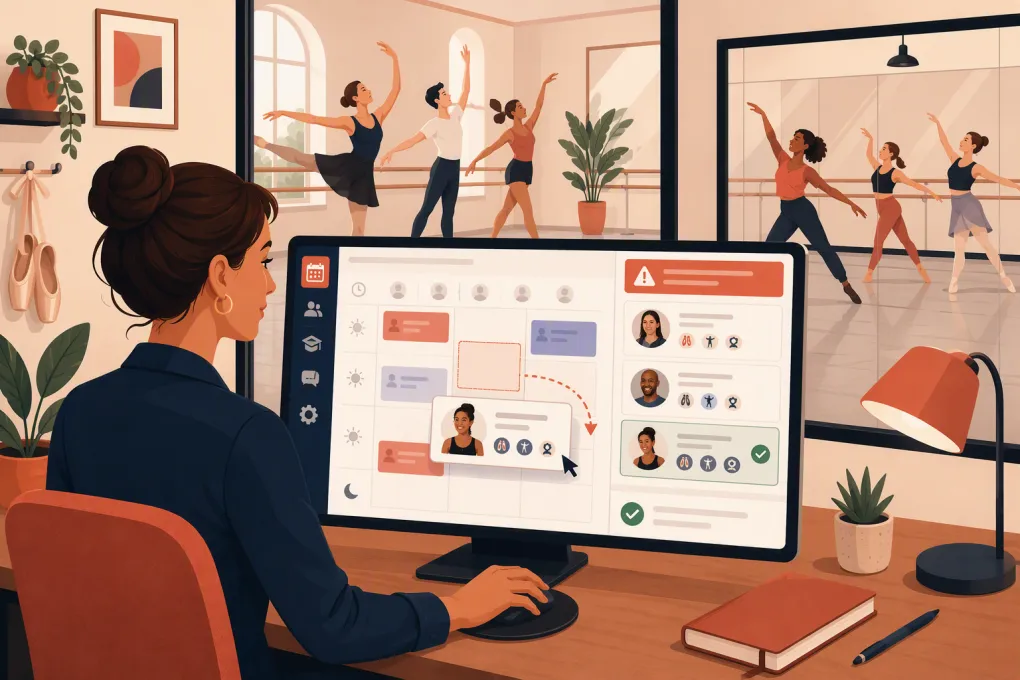 Dance studio manager assigning a qualified substitute instructor through scheduling software